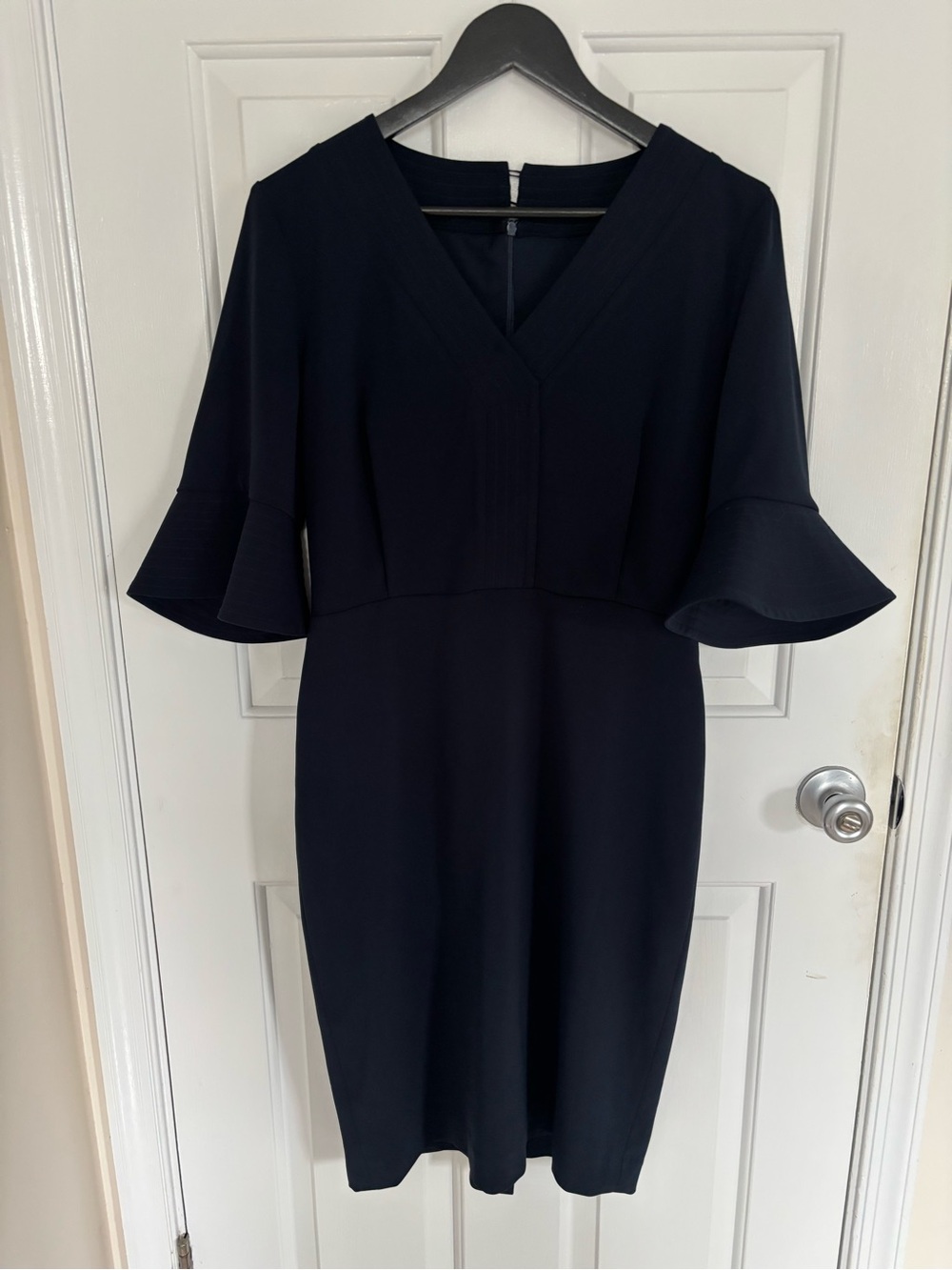 Make offer! Badgley Mischka Navy V-Neck Midi Dress with Bell Sleeves 10